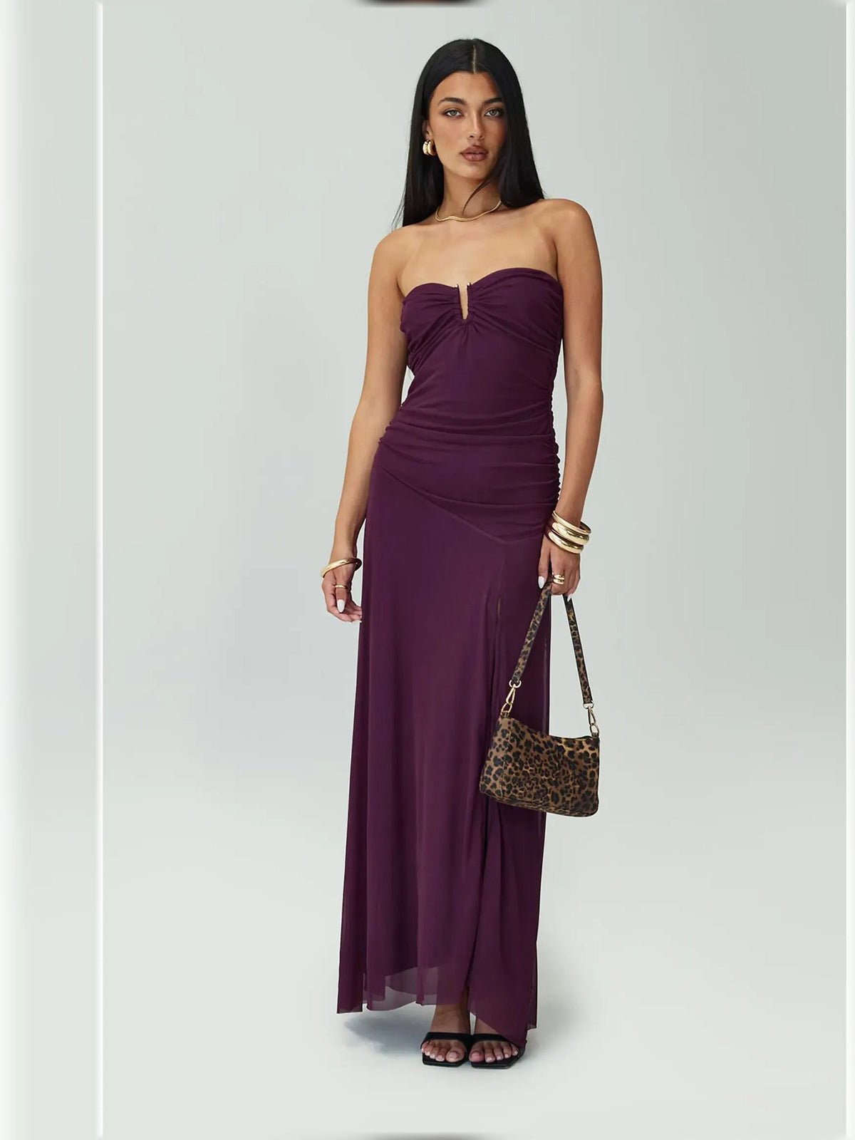 Purple strapless ruched slit formal maxi dress with draped waist and thigh slit