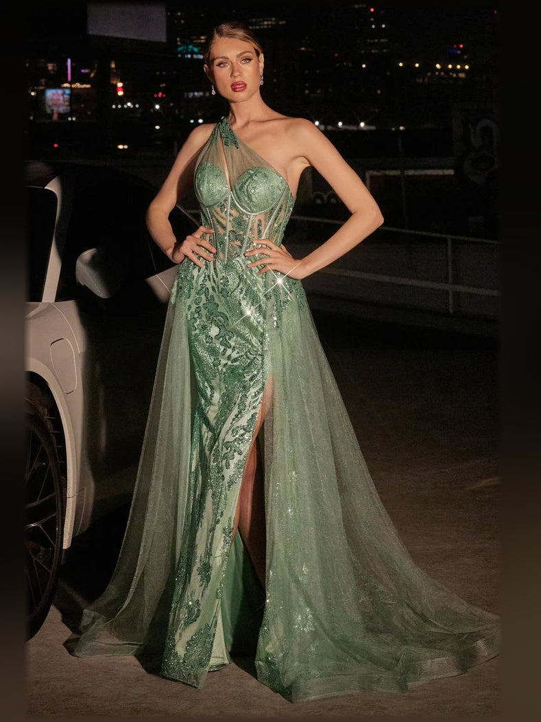 Dusty sage one-shoulder corset formal dress with metallic floral texture and thigh slit