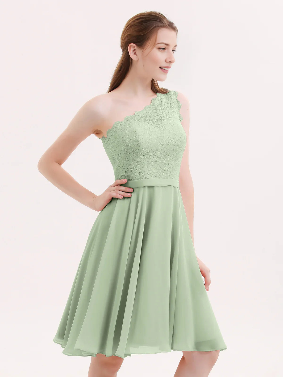One-shoulder A-line short chiffon homecoming dress in mint green, scalloped lace bodice