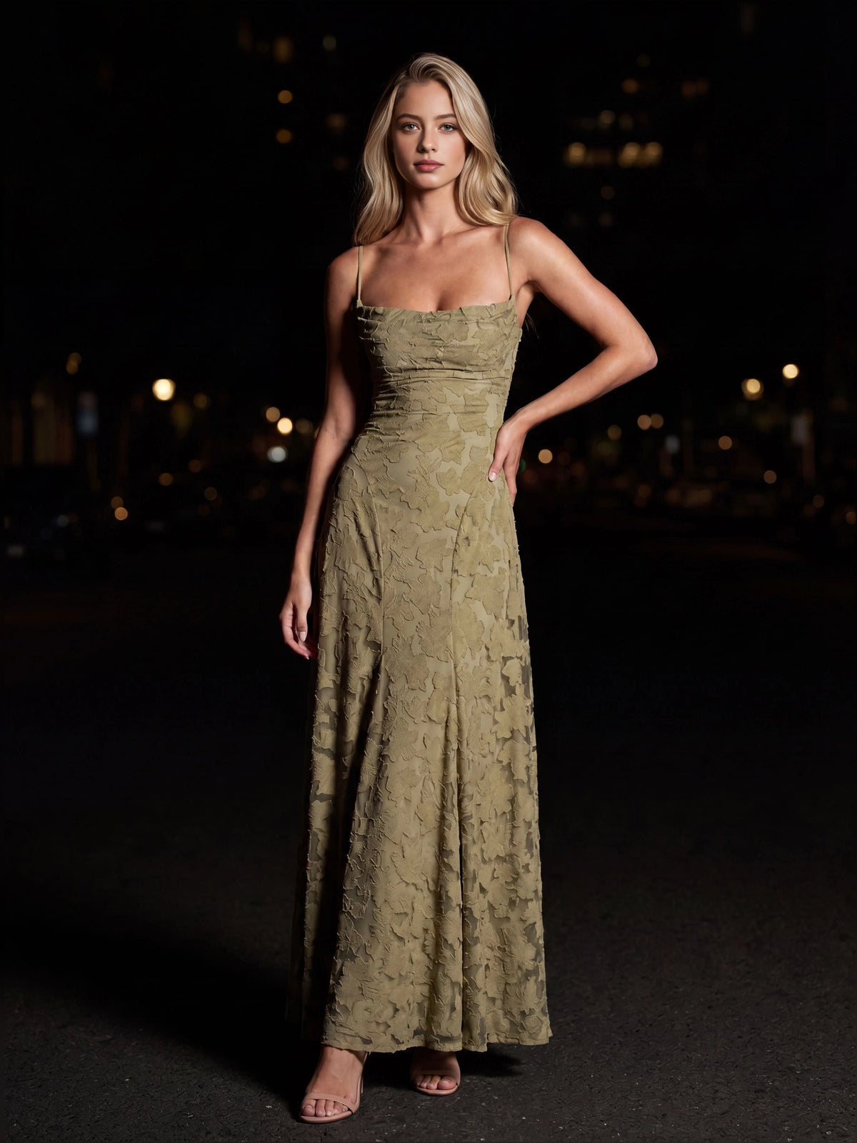 Floral straight-neck A-line maxi dress, dusty sage green, front view