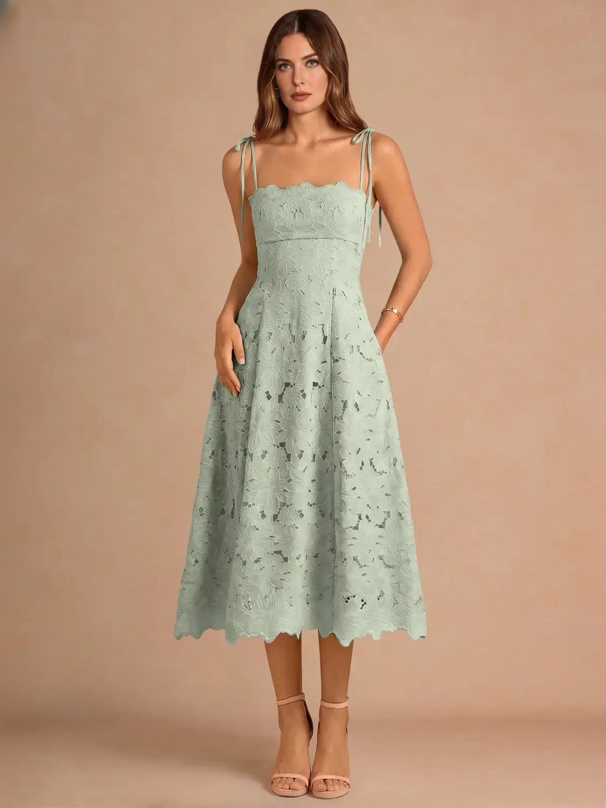 Dusty sage floral corset A-line midi dress with straight neckline and thin straps