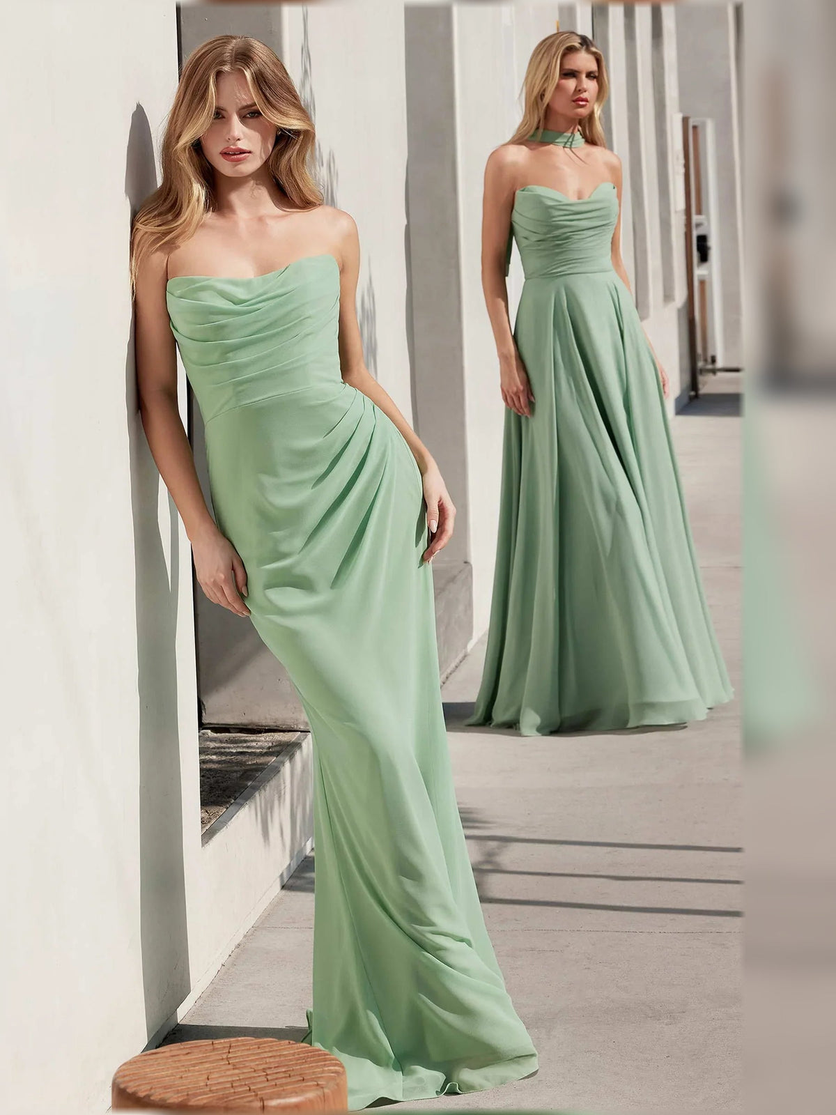 Strapless ruched floor-length formal dress in dusty sage green with gathered seams