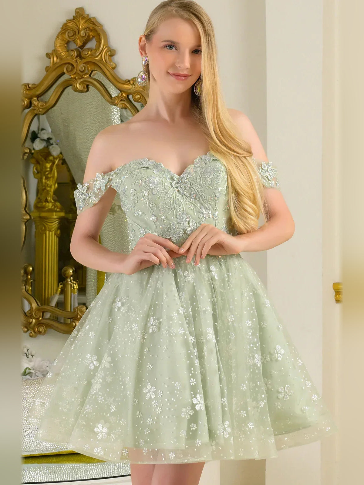 Dusty sage sweetheart off-shoulder corset A-line mini tulle dress with floral sparkle