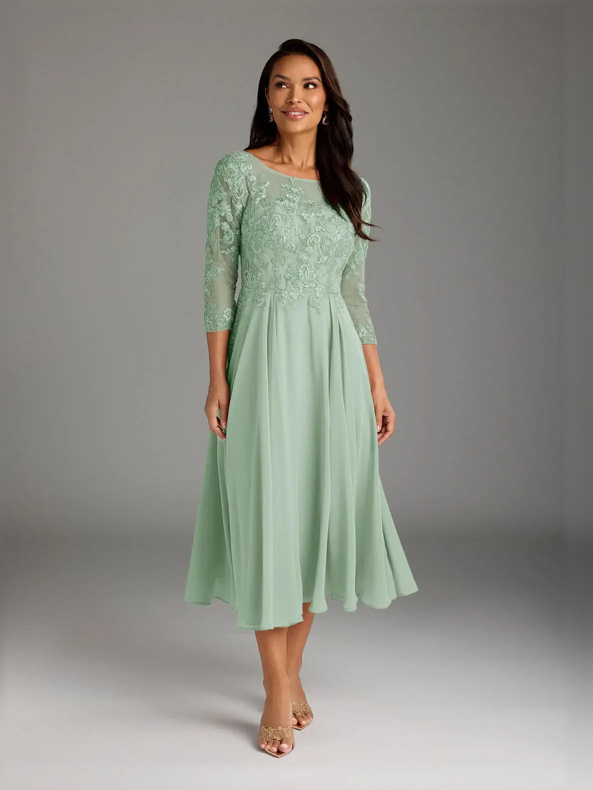 Women’s dusty sage midi chiffon dress with lace sleeves and pleated skirt for weddings