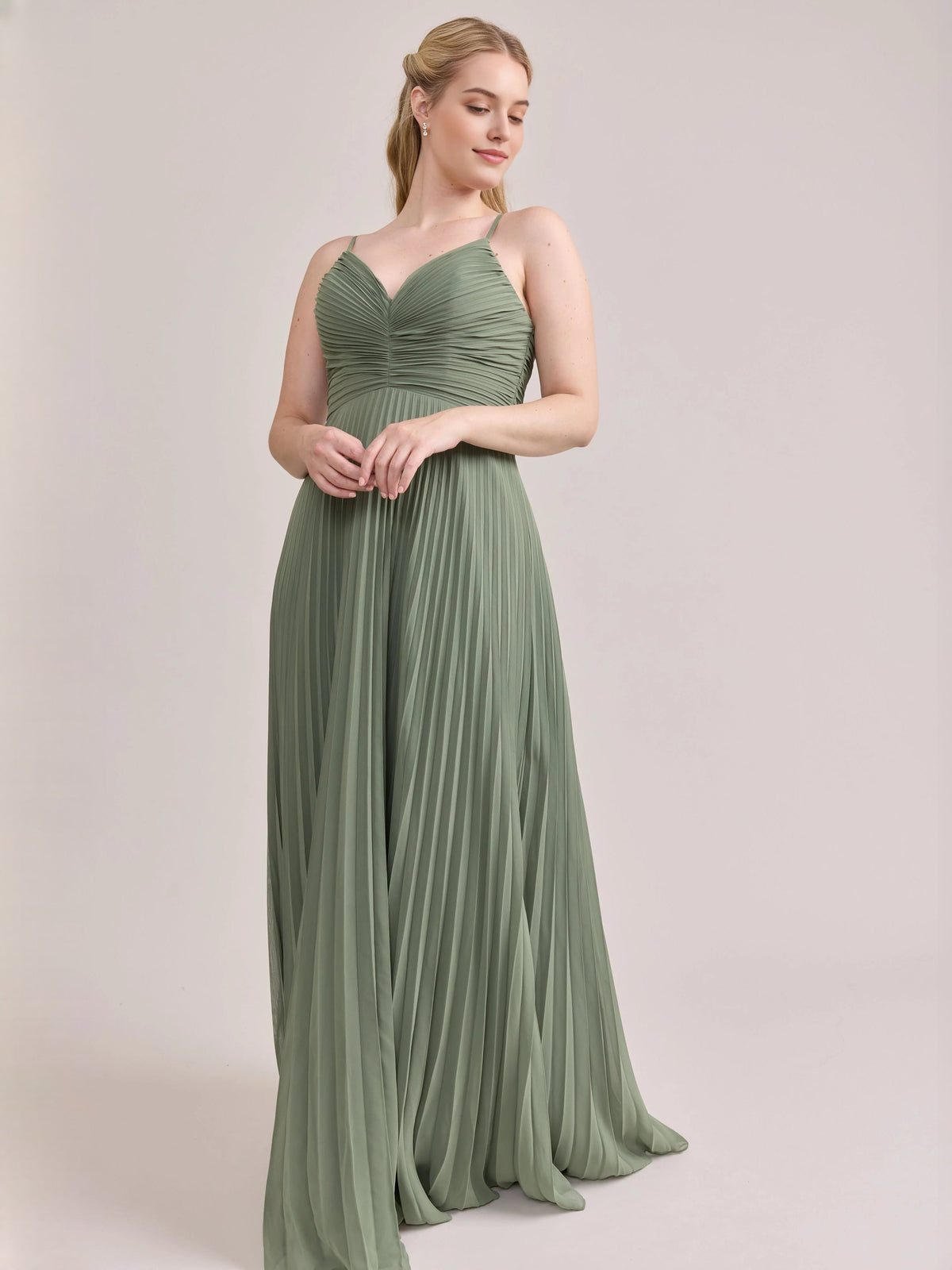Dusty sage pleated satin corset V-neck maxi A-line dress, draped skirt