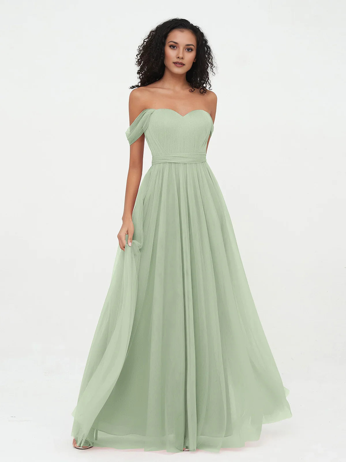 Sage green sweetheart off-shoulder pleated A-line tulle bridesmaid dress