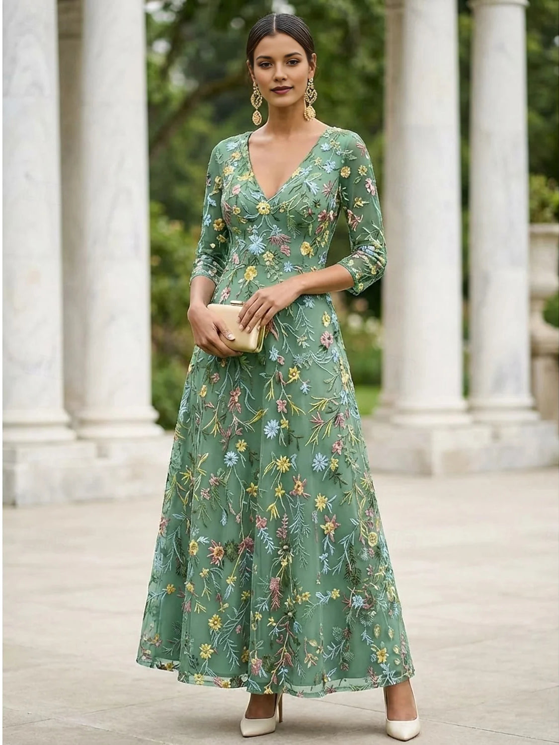 Dusty sage embroidered floral V-neck A-line tulle dress, full length