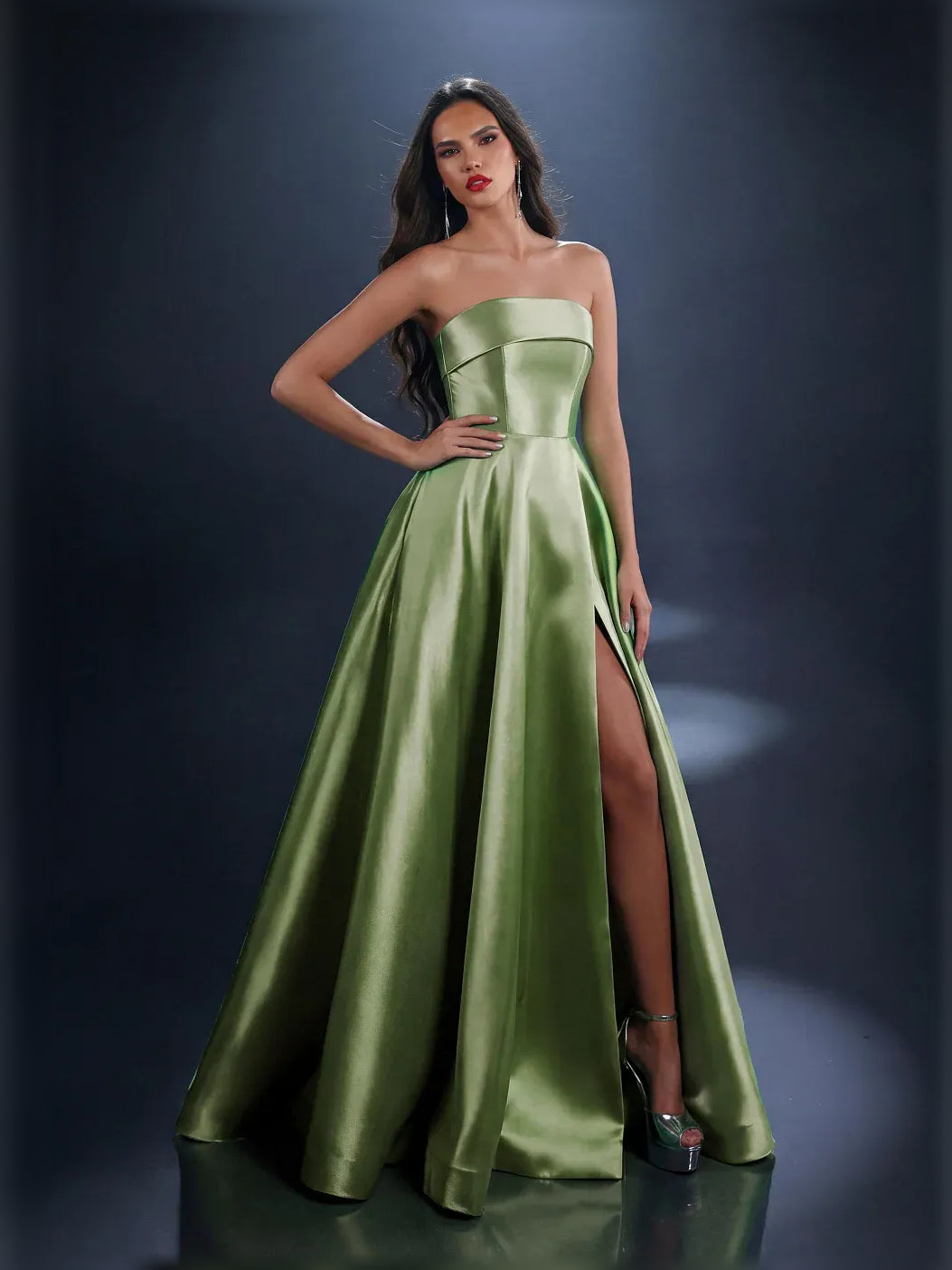 Dusty sage strapless satin gown with high slit and smooth satin finish