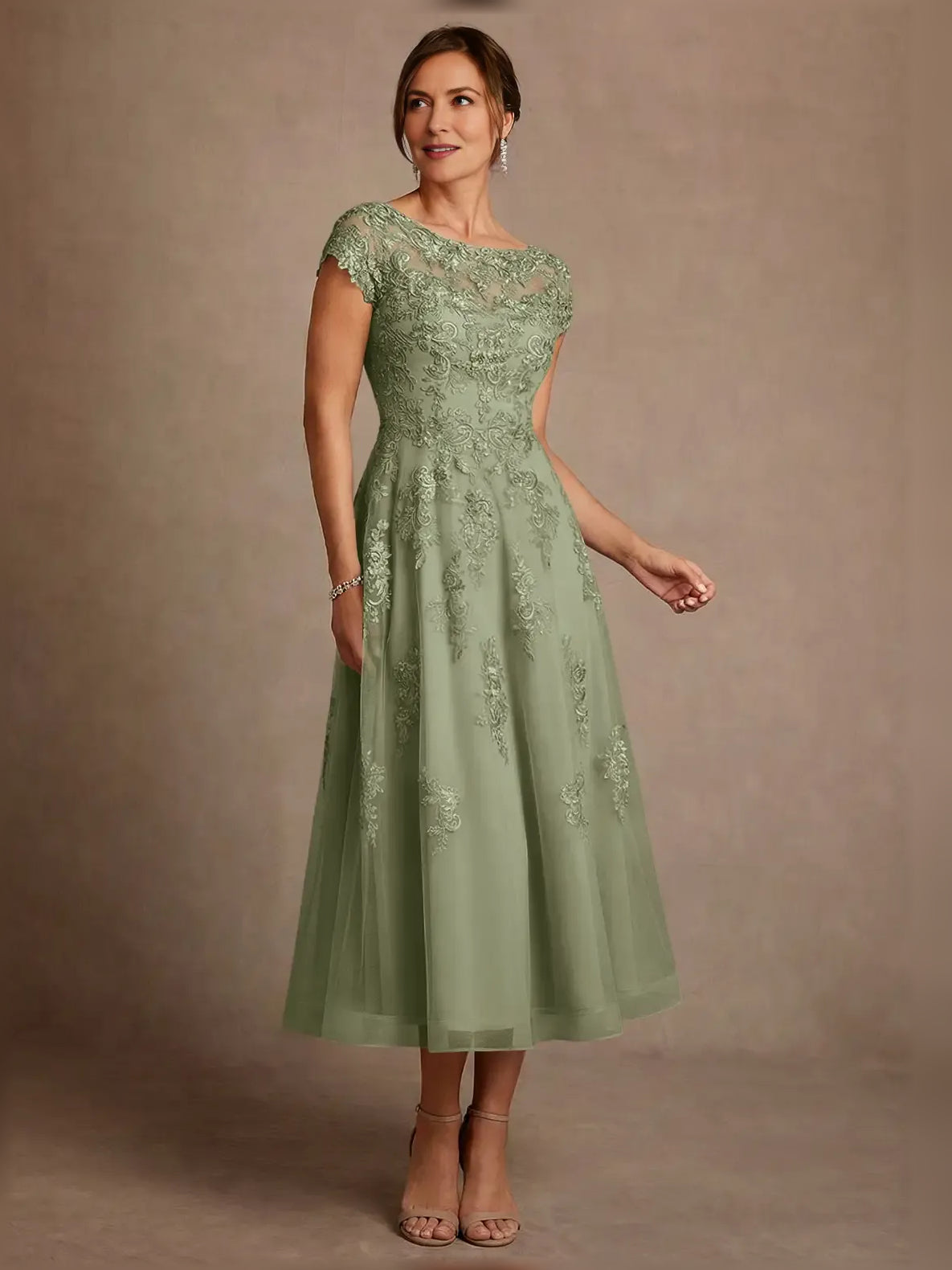 Embroidered illusion-neck A-line midi dress, cap sleeves, sage green, tulle skirt