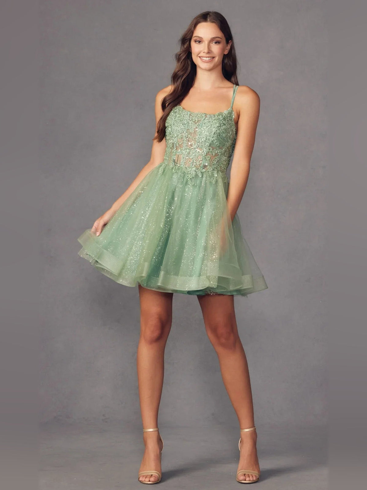 Dusty sage layered tulle short dress, floral corset bodice, scoop neckline, A-line skirt