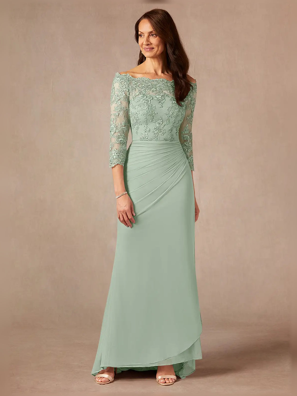 Dusty sage off-shoulder ruched maxi chiffon dress with lace 3/4 sleeves