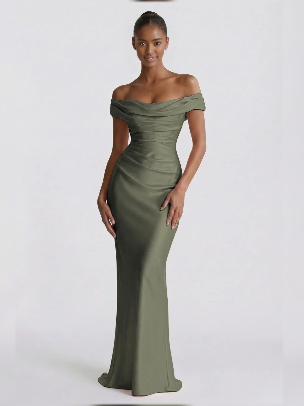 Dusty sage off-shoulder corset formal dress with short sleeves, floor-length