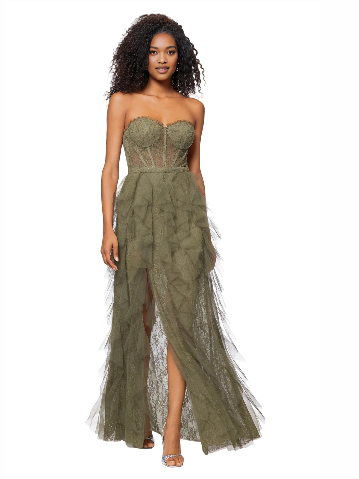 Dusty sage strapless corset formal dress with tulle ruffle slit, floor-length