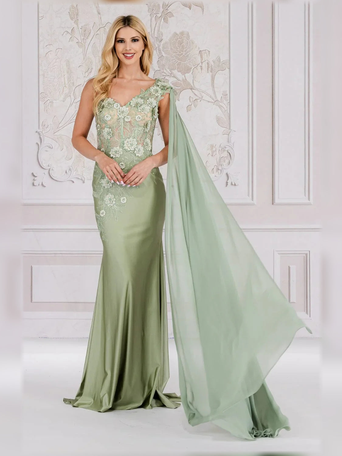 Sage green one-shoulder mermaid dress with floral lace bodice and floor-length skirt
