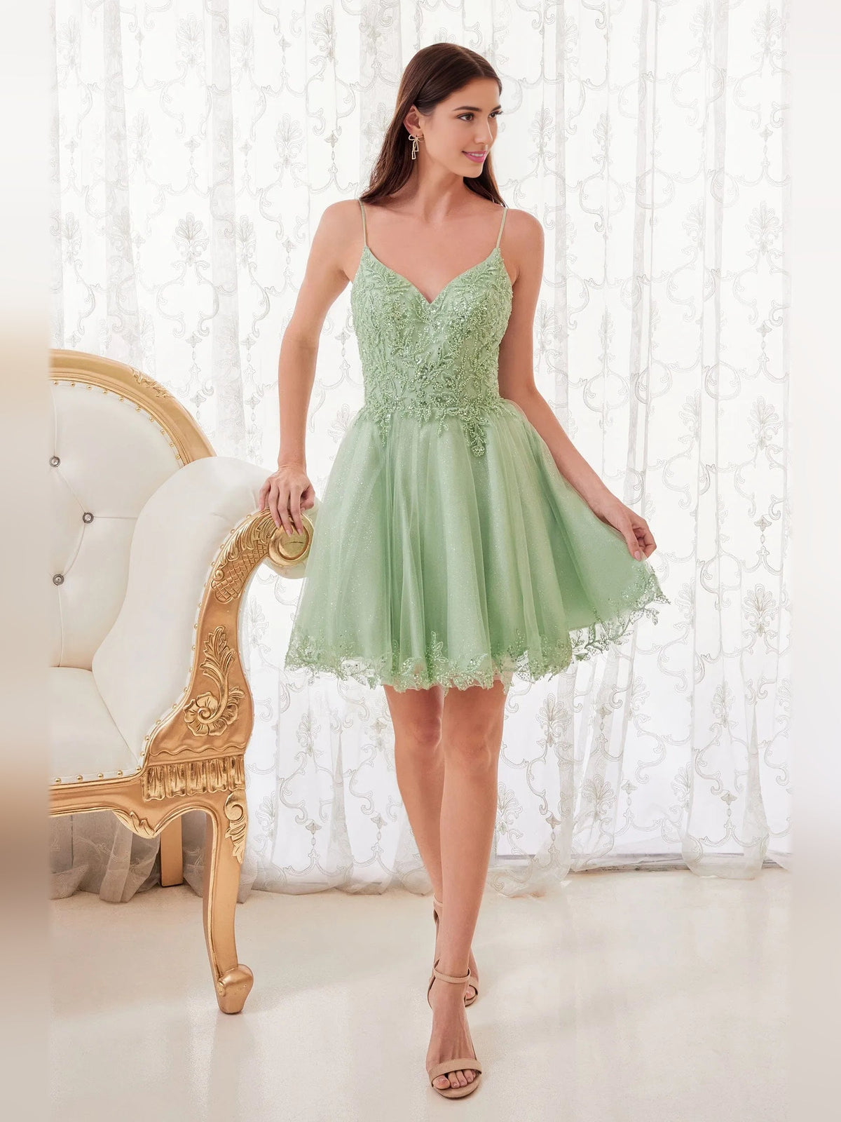 Layered beaded V-neck A-line short tulle homecoming dress, dusty sage green, flared skirt and tulle overlay