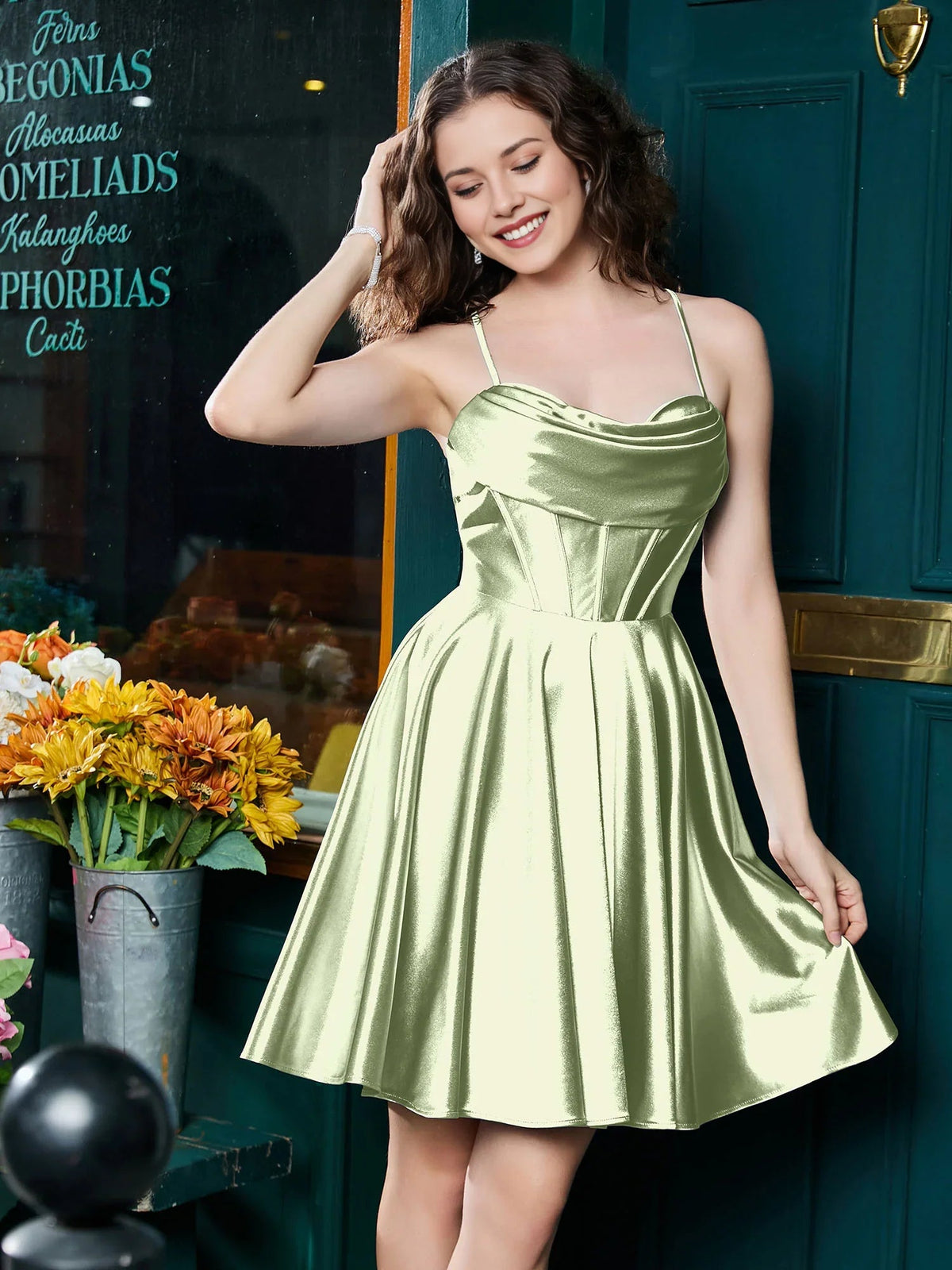 Dusty sage satin A-line mini dress with corset bodice, cowl neckline, thin spaghetti straps