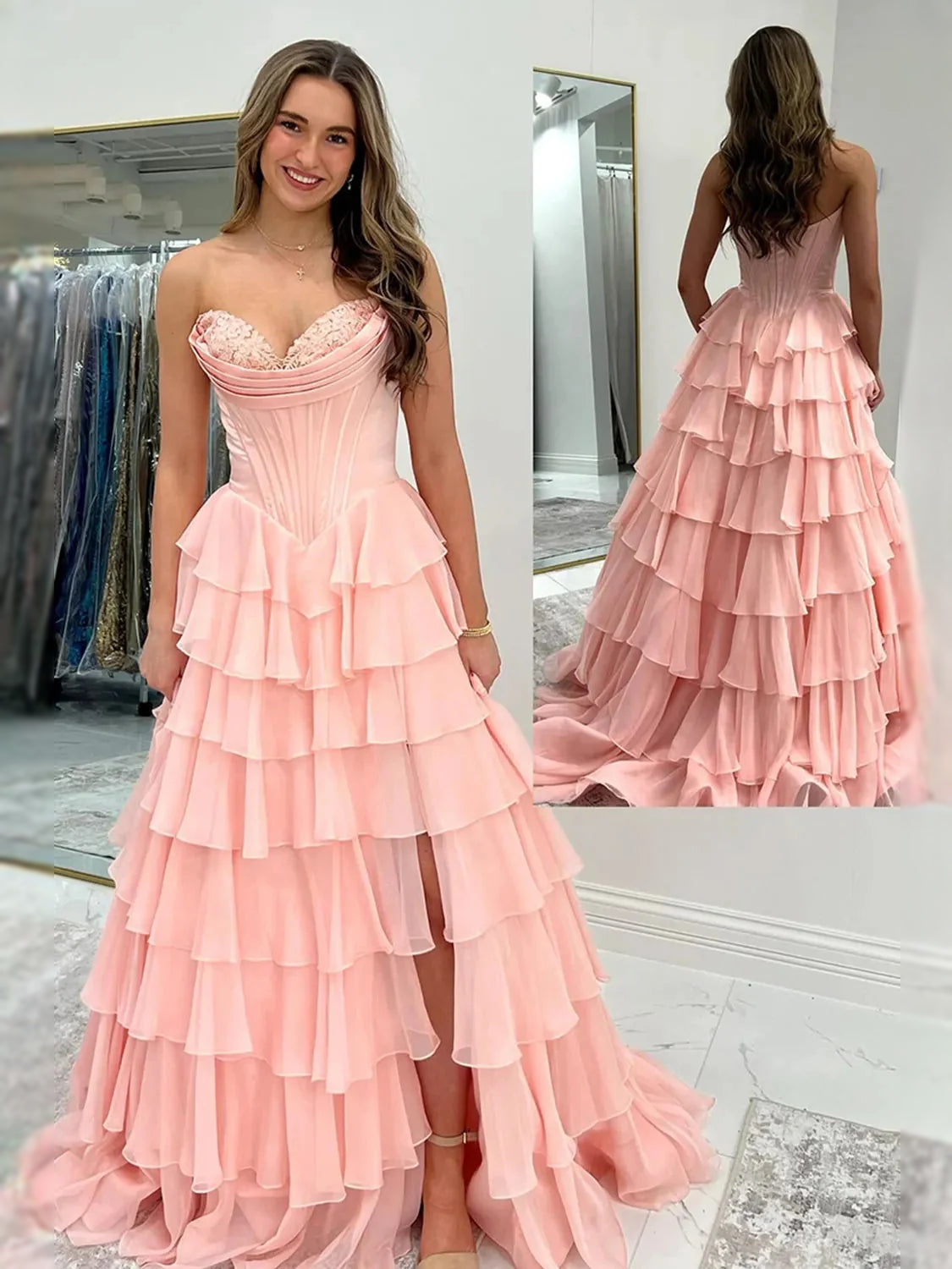 Blush pink strapless corset A-line prom dress with tiered ruffle tulle skirt