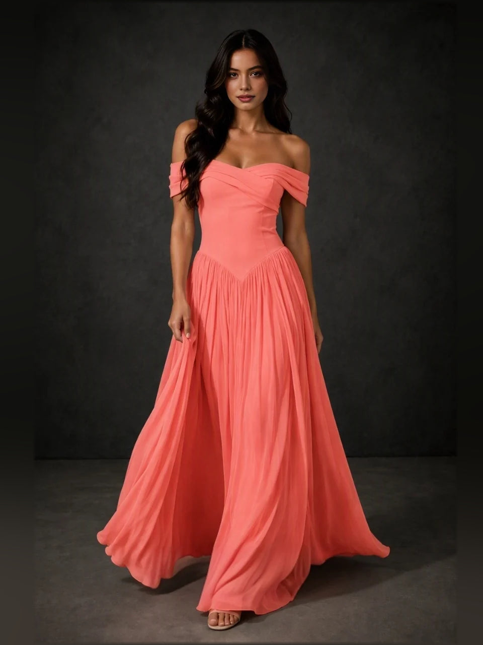 Coral pink off-shoulder draped corset A-line bridesmaid dress with flowing maxi skirt