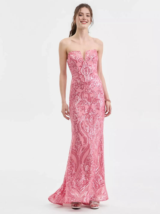 Coral sweetheart mermaid formal dress with shimmering floral sequin pattern, long hem