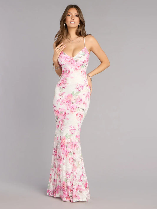 Floral v-neck spaghetti-strap open-back floor-length formal dress, pink rose print