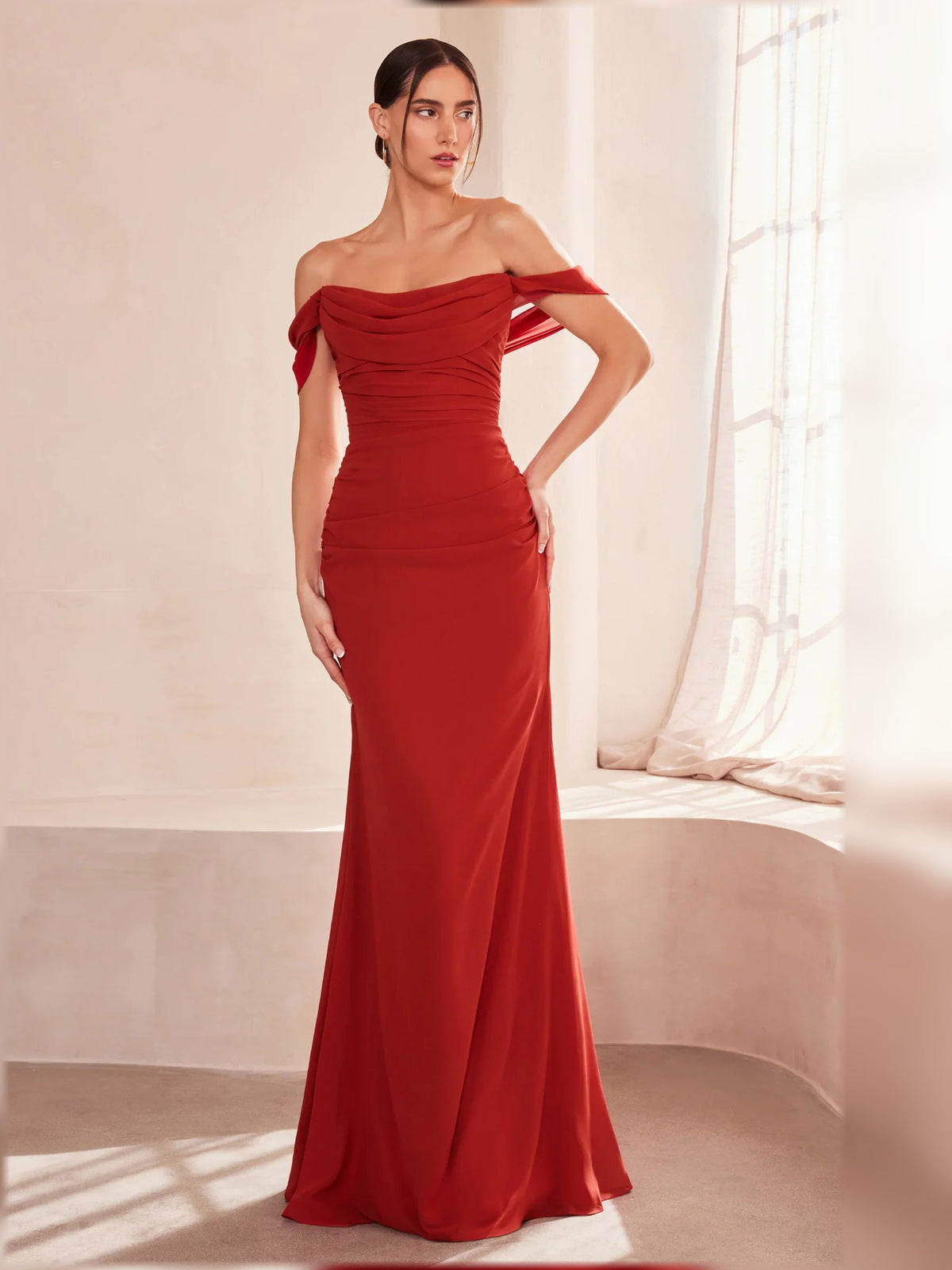 Deep red off-the-shoulder ruched floor-length formal gown with sweetheart neckline