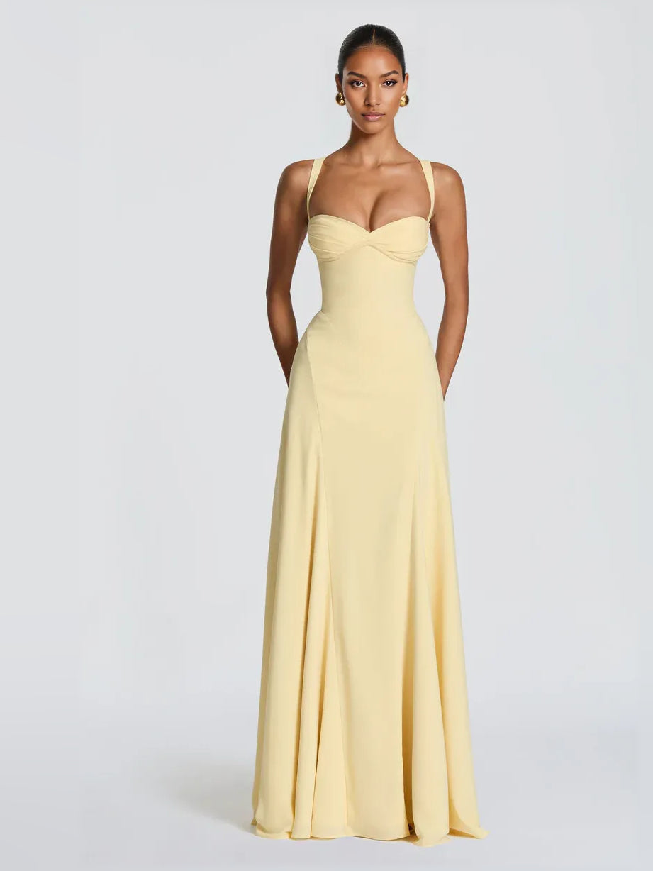 Lemon sweetheart corset A-line formal dress, front view, spaghetti straps, floor-length skirt