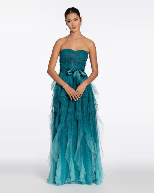 Teal strapless corset glitter maxi prom dress featuring sweetheart neckline and bow waist