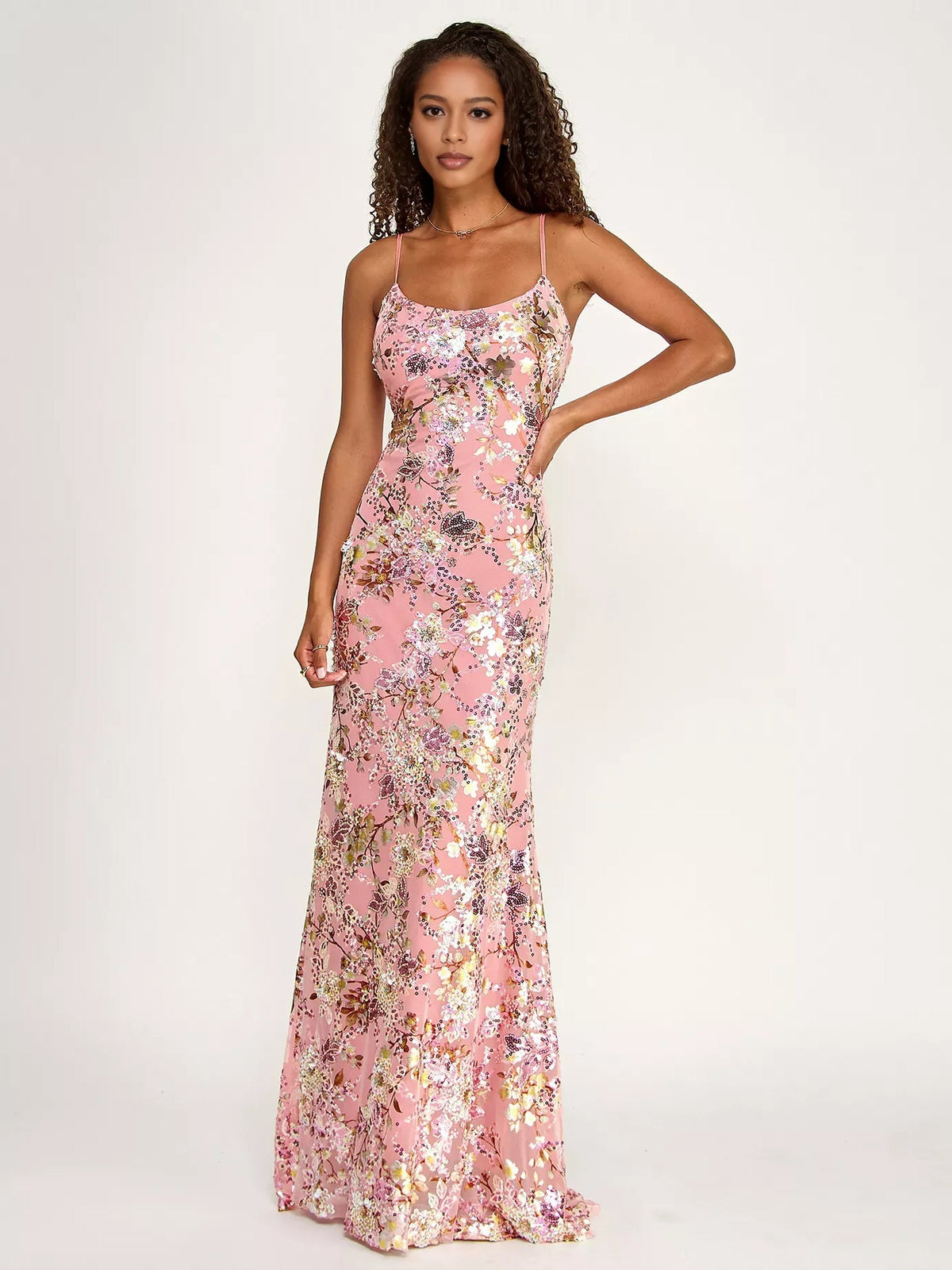 Pink floral sequin mermaid formal dress with spaghetti straps and fitted hem