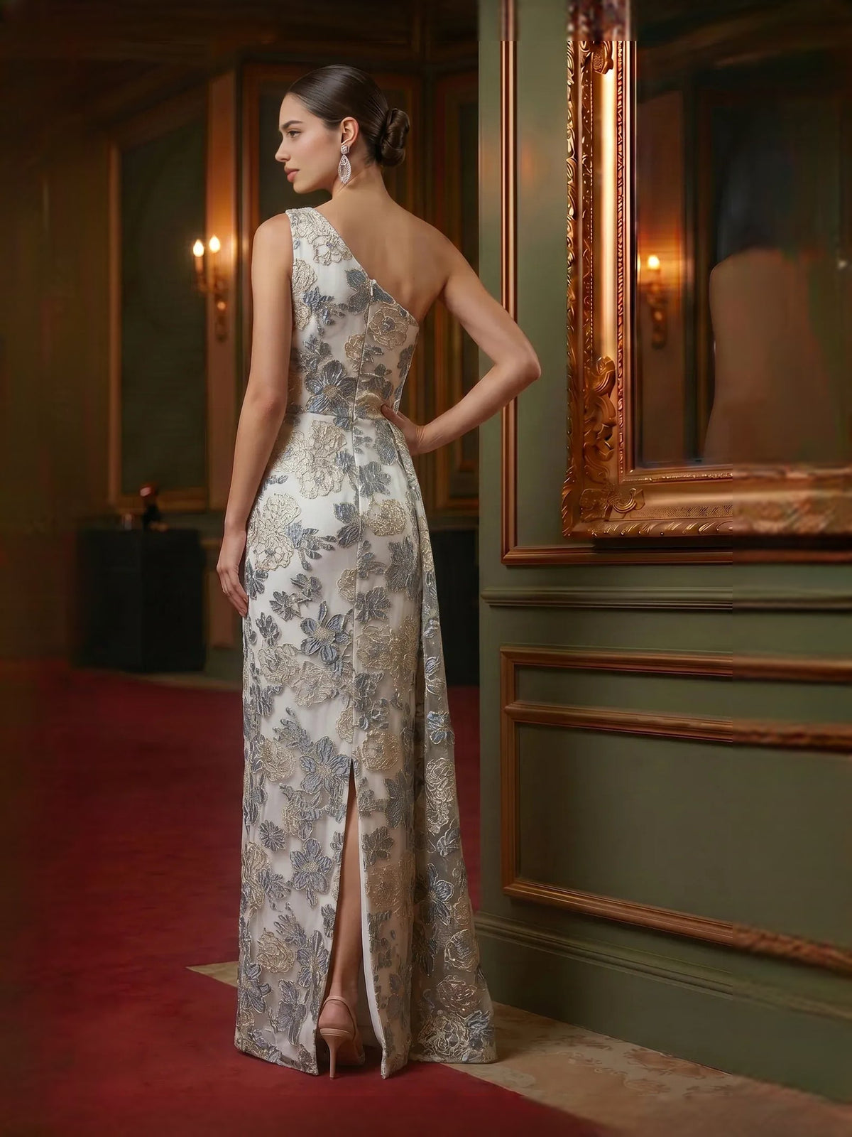 One-shoulder floral sheath dress with draped back and long front slit, floor-length