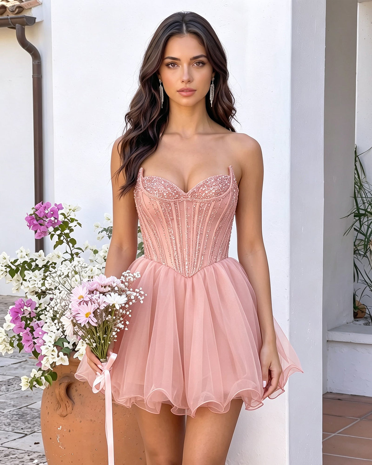 Rose pink strapless corset mini dress with beaded sweetheart bodice and tulle A-line skirt