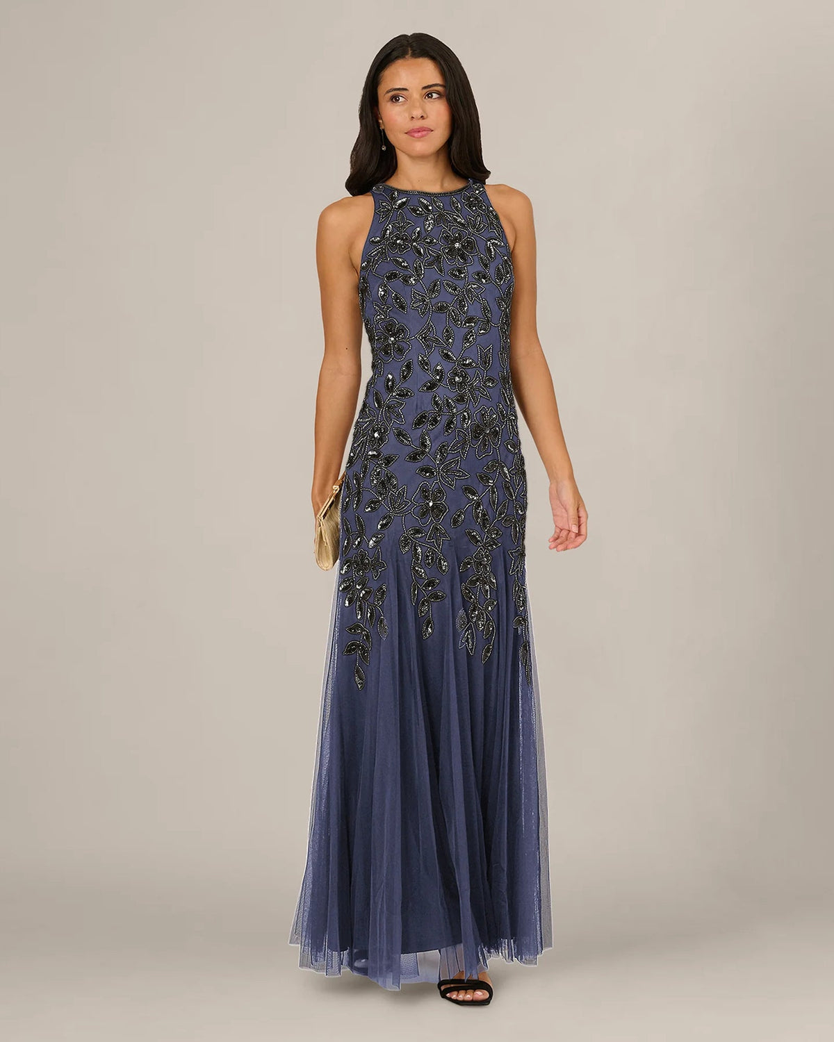 Dusty periwinkle sleeveless maxi dress, fitted bodice and A-line tulle skirt