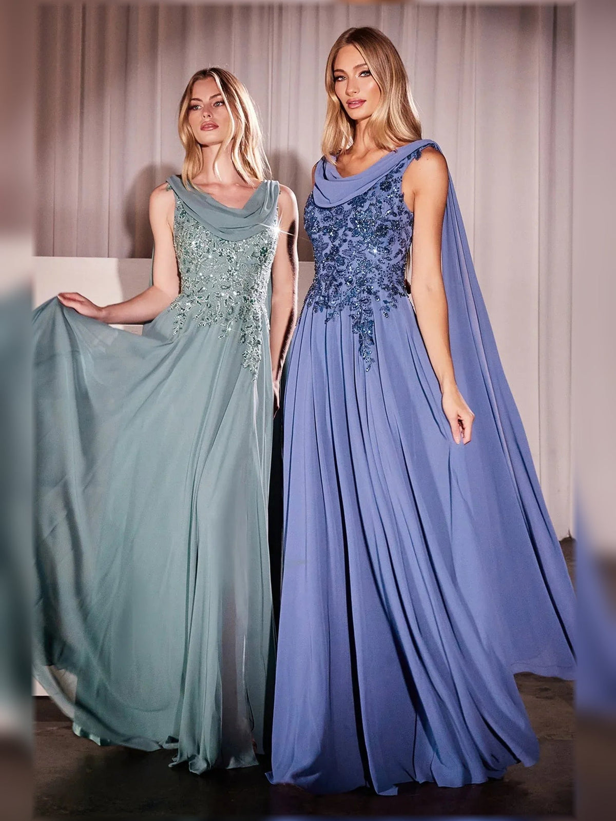 Beaded scoop-neck A-line floor-length formal dresses in teal and periwinkle, side views
