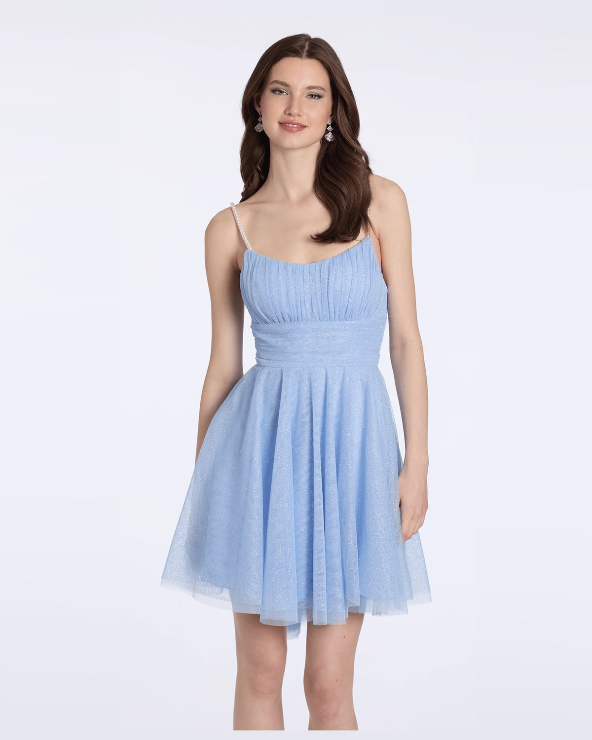 Periwinkle sweetheart-neck mini dress with gathered bodice and tulle skirt