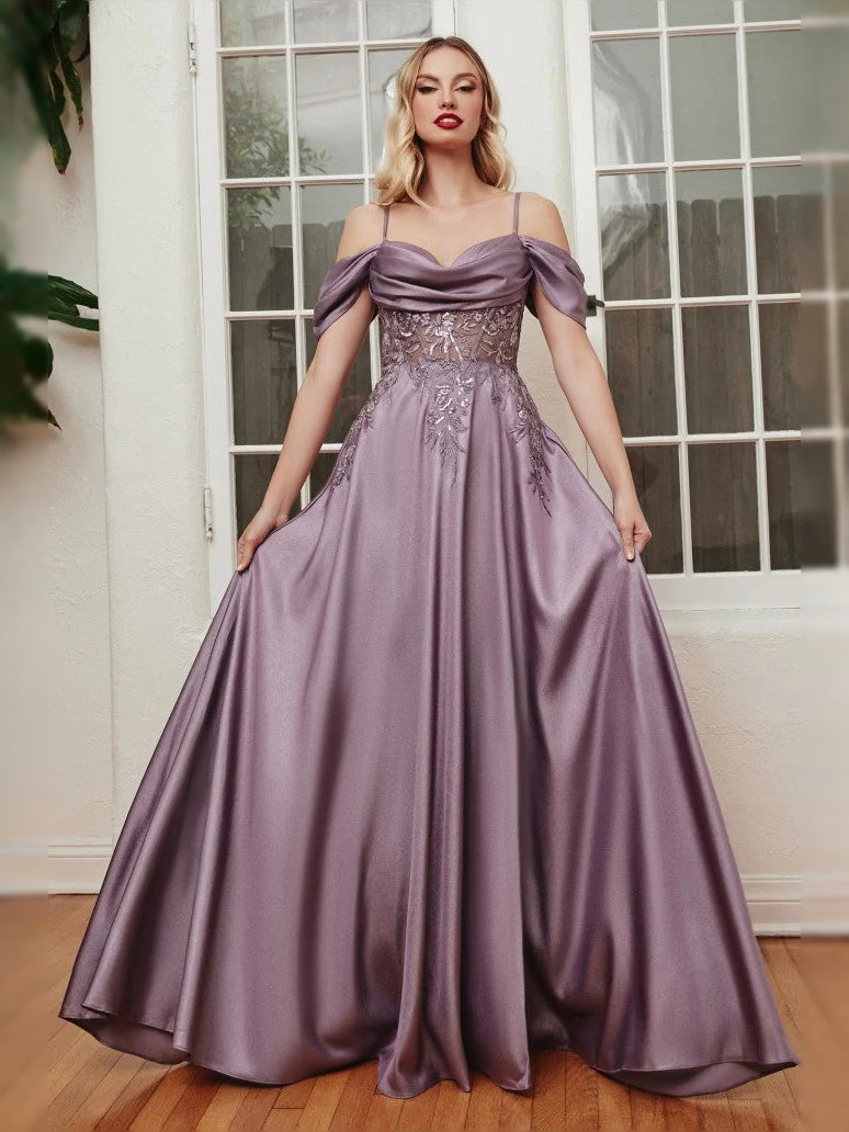 Wisteria satin A-line prom dress with sweetheart neckline, draped bodice, and long skirt