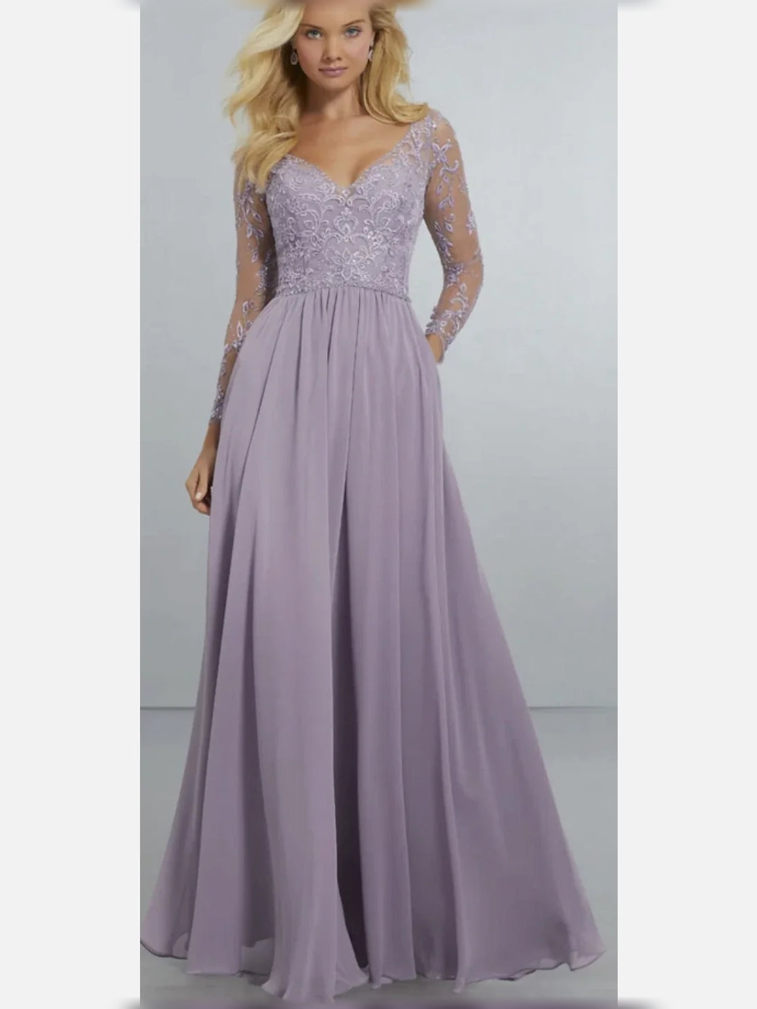 Lilac embroidered V-neck A-line chiffon bridesmaid dress, lace sleeves and pleated skirt