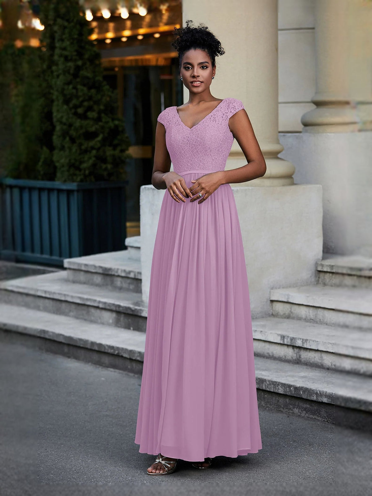 Wisteria lavender sleeveless V-neck chiffon maxi dress with fitted bodice and A-line skirt