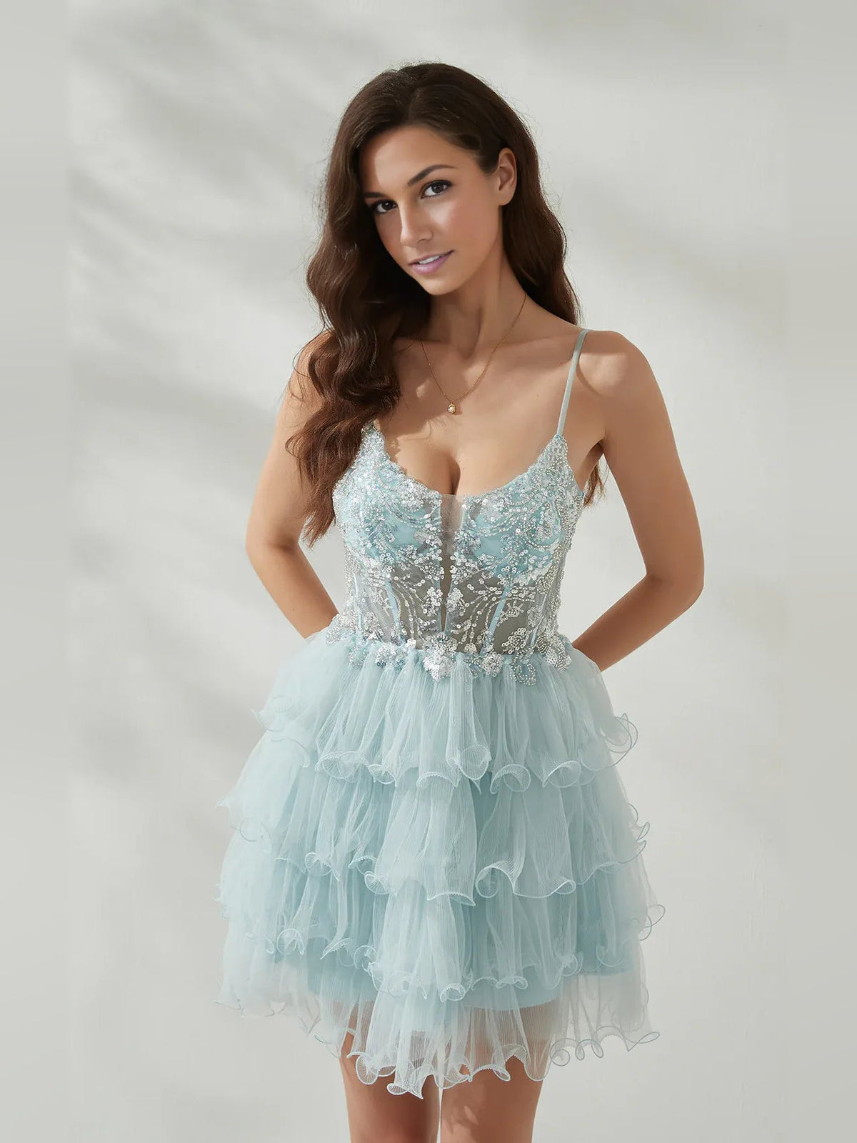 Baby blue corset mini dress with beaded lace bodice and airy tiered tulle skirt