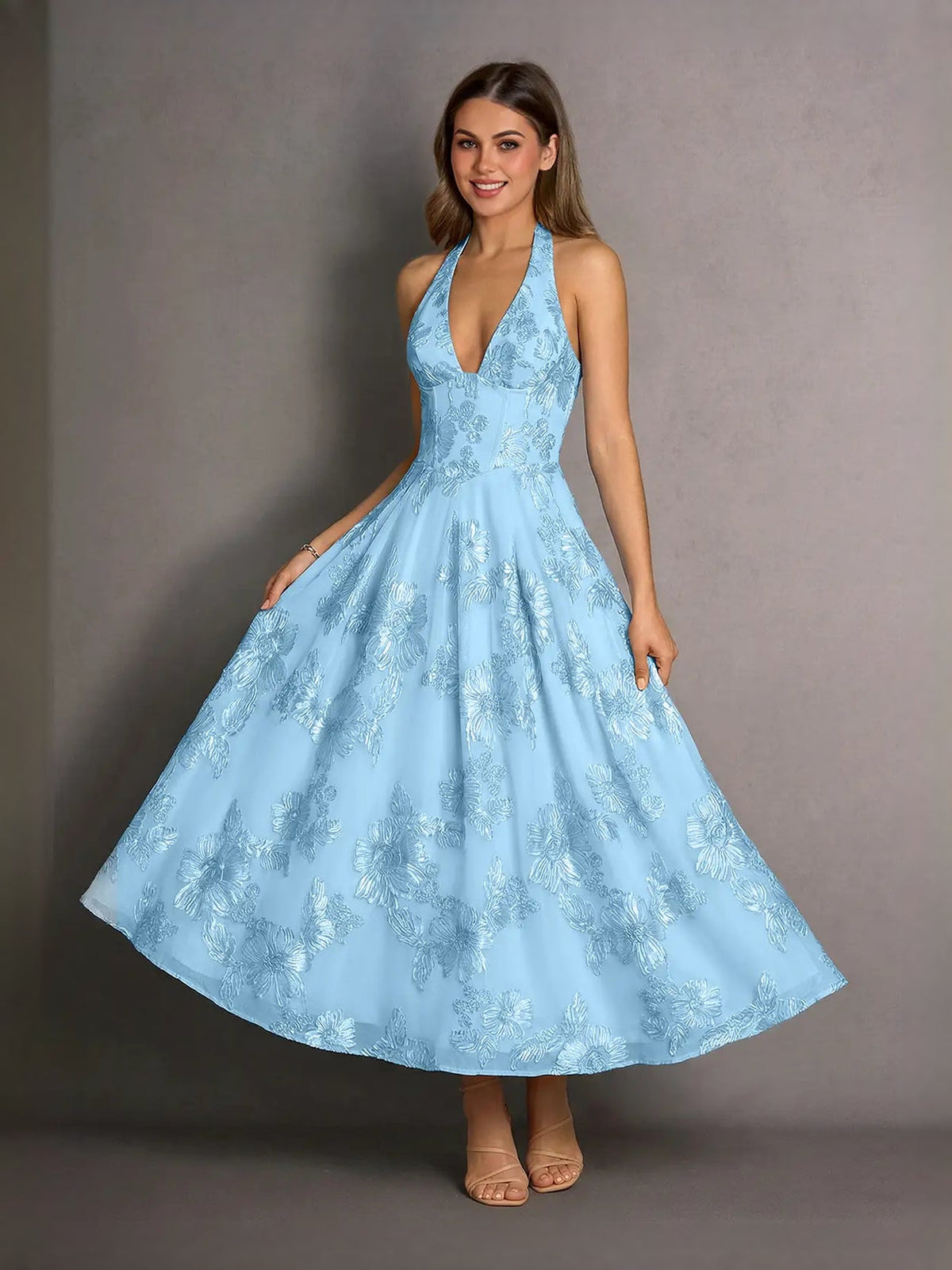 Light blue floral halter A-line midi prom dress, sleeveless V-back, full skirt