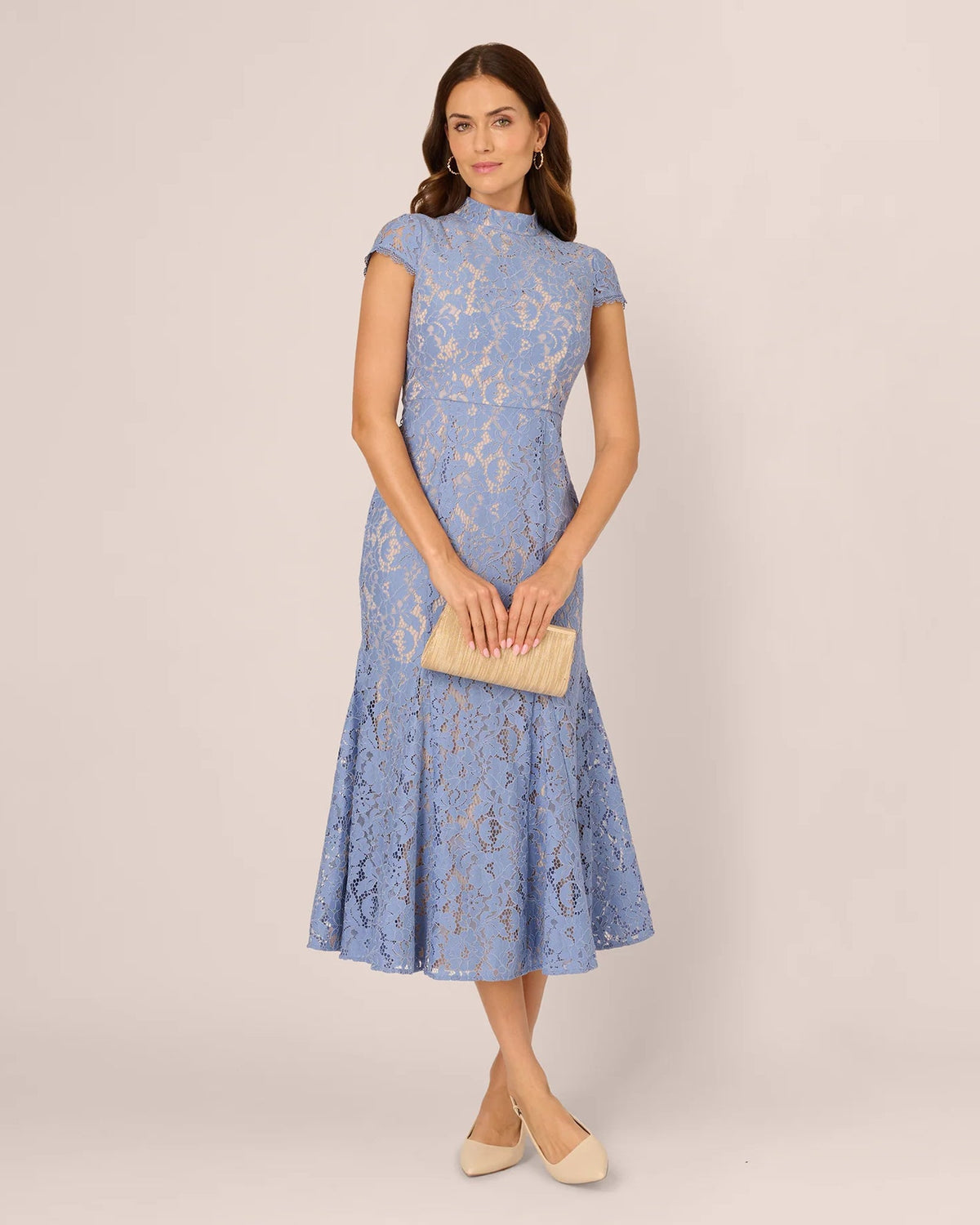 Blue lace cap-sleeve A-line midi dress with high neck and flared skirt