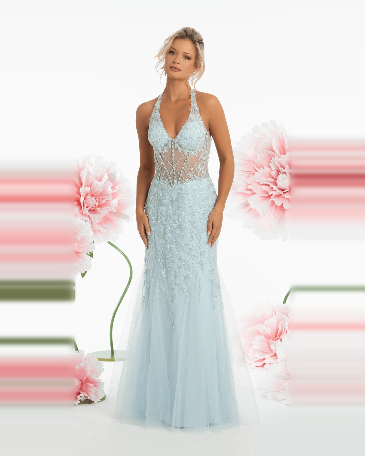 Light blue halter neck mermaid maxi prom dress with pearl beaded corset bodice
