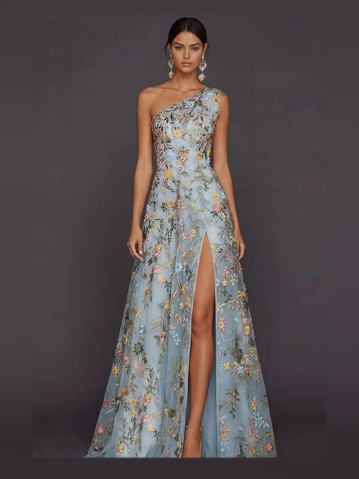 One-shoulder embroidered floral tulle prom dress with front slit, A-line, light blue