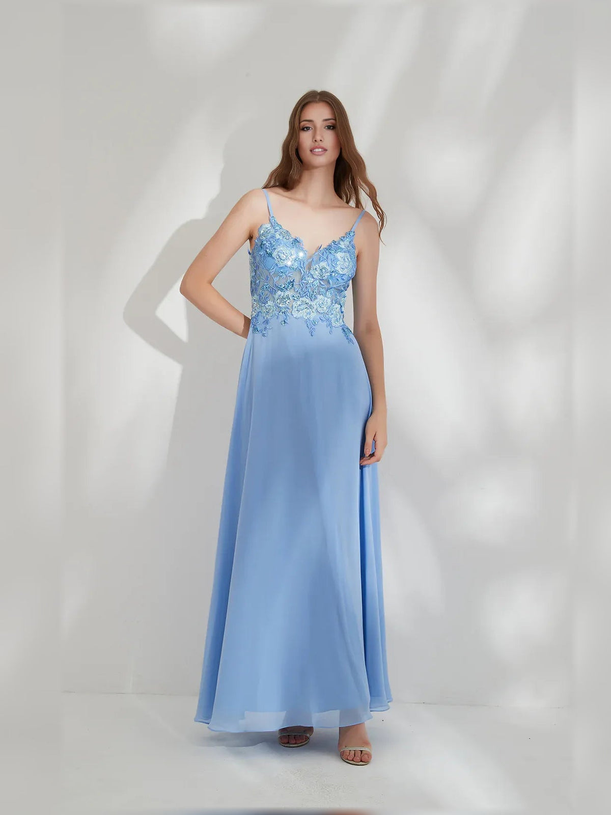 Blue floral V-neck A-line formal dress, lace bodice with thin straps, full-length