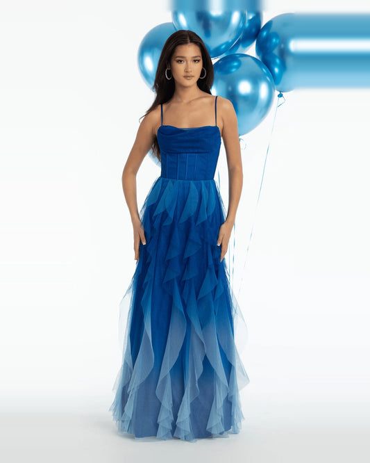 Blue corset column maxi prom dress with spaghetti straps and sculpted bodice