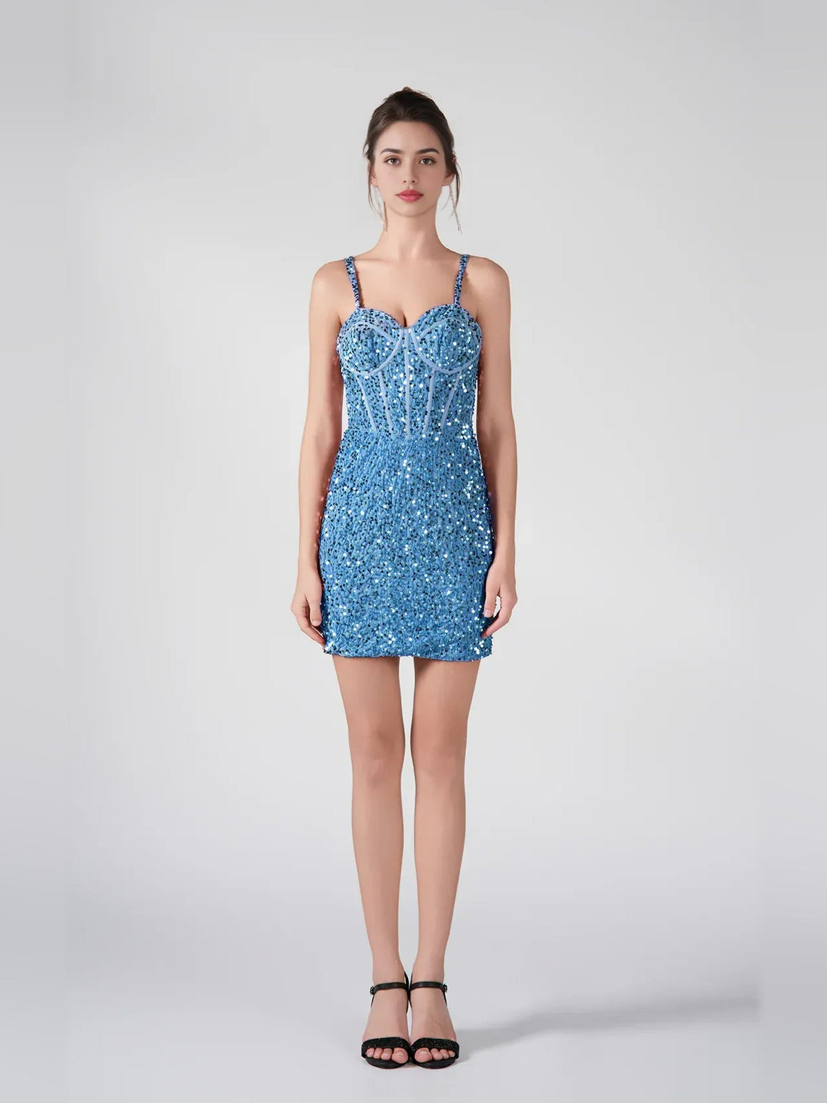 Blue sequin mini dress with sweetheart corset bodice and thin spaghetti straps