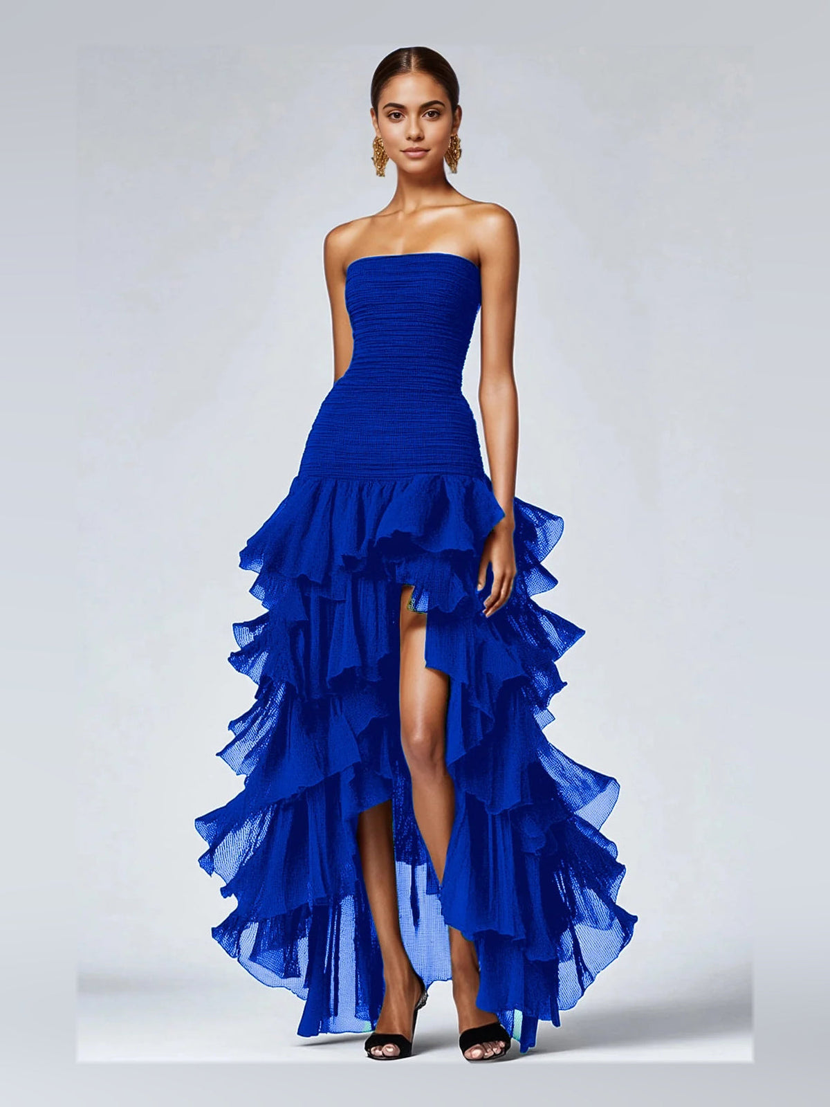 Royal blue strapless A-line prom dress with draped ruched bodice and layered ruffle skirt