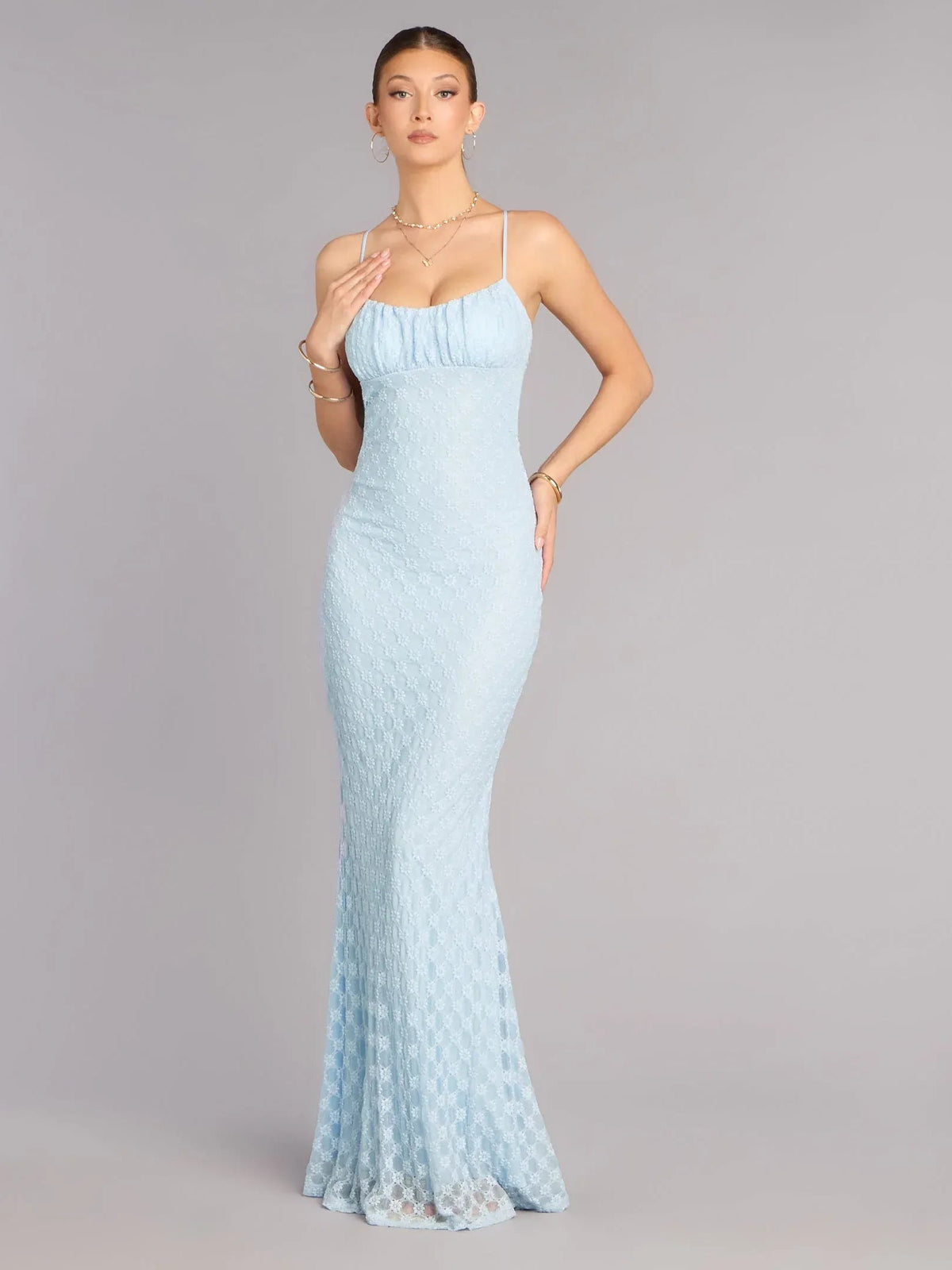 Blue ruched sweetheart formal dress with spaghetti straps, front view, floor-length