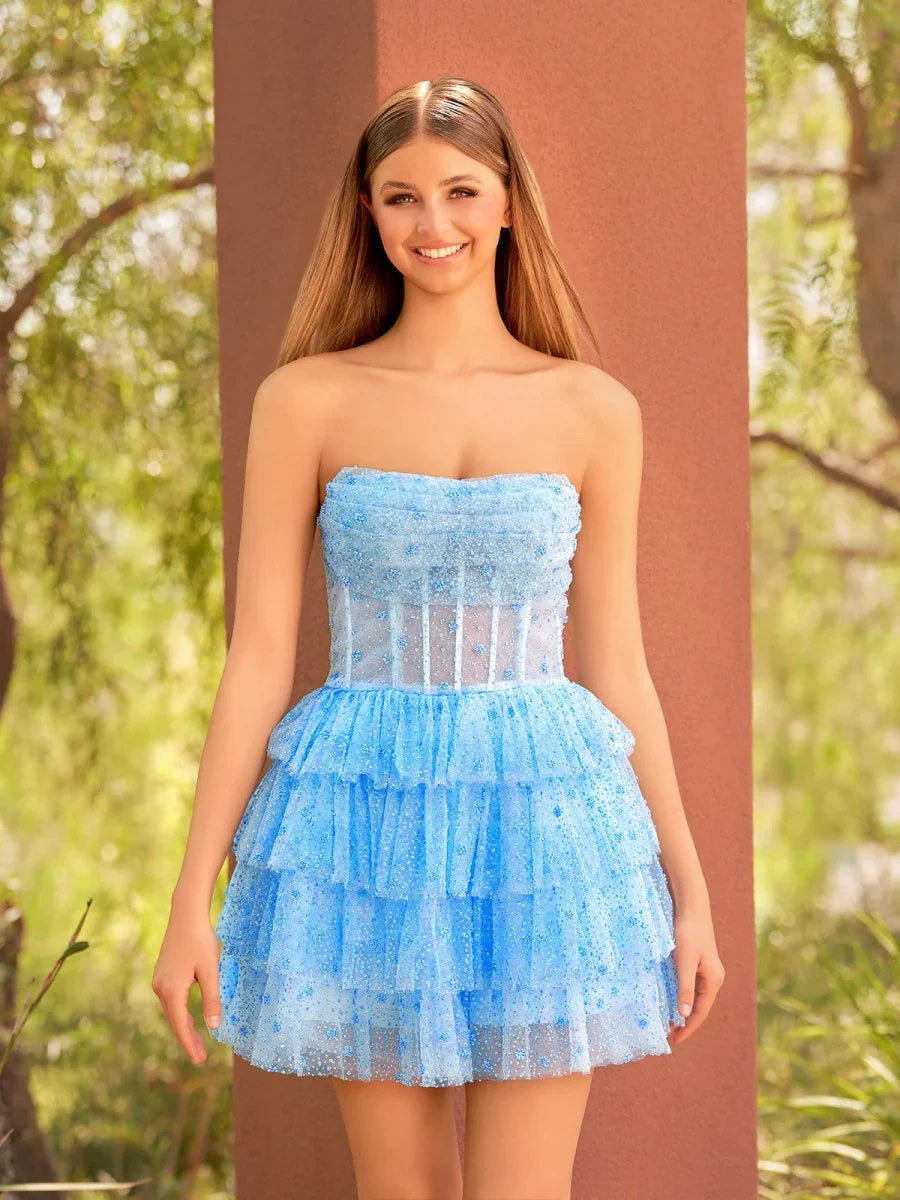 Sky-blue strapless corset mini tulle dress with ruched bodice and ruffled skirt