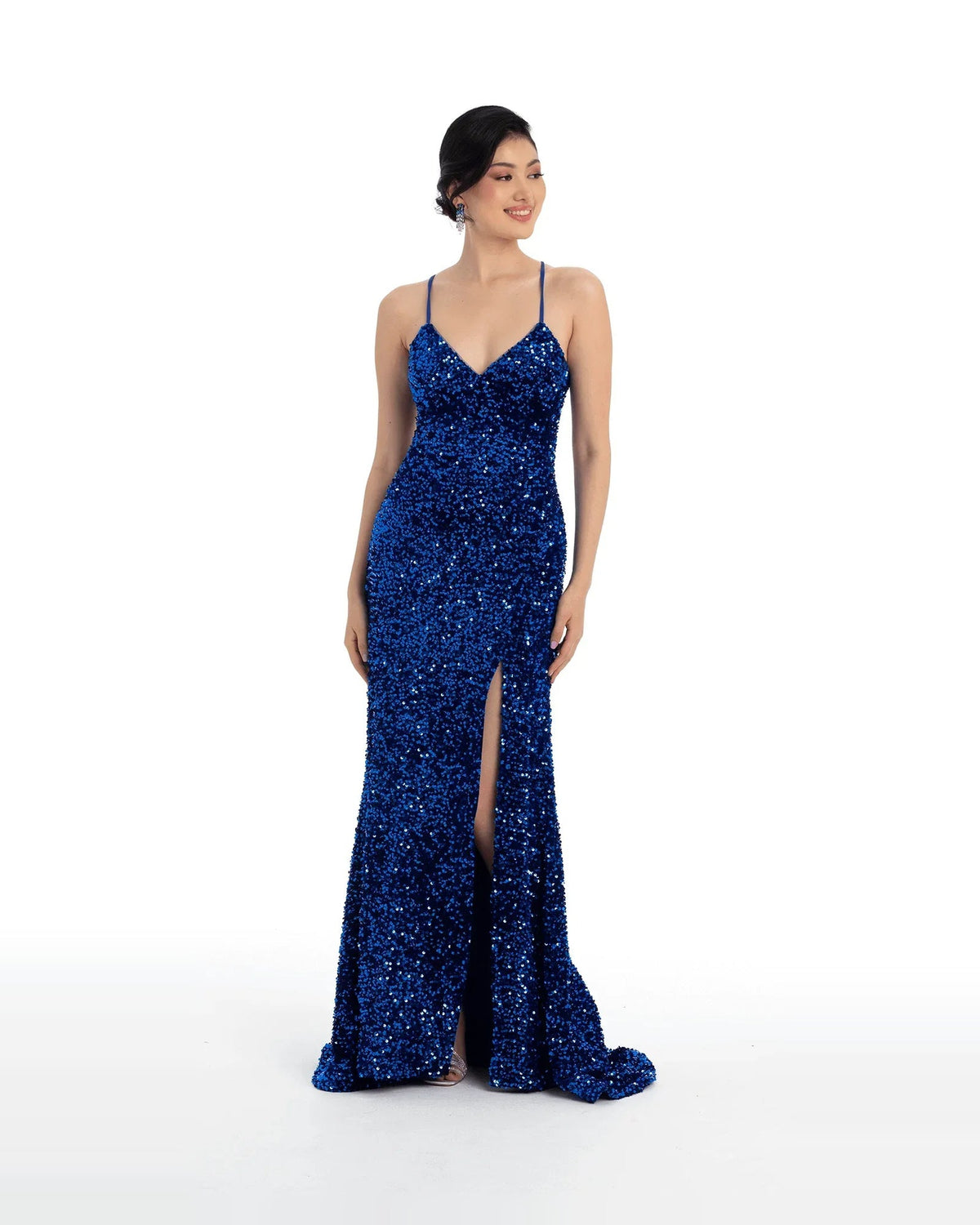 Blue sequin A-line maxi prom dress with V-neck and side slit