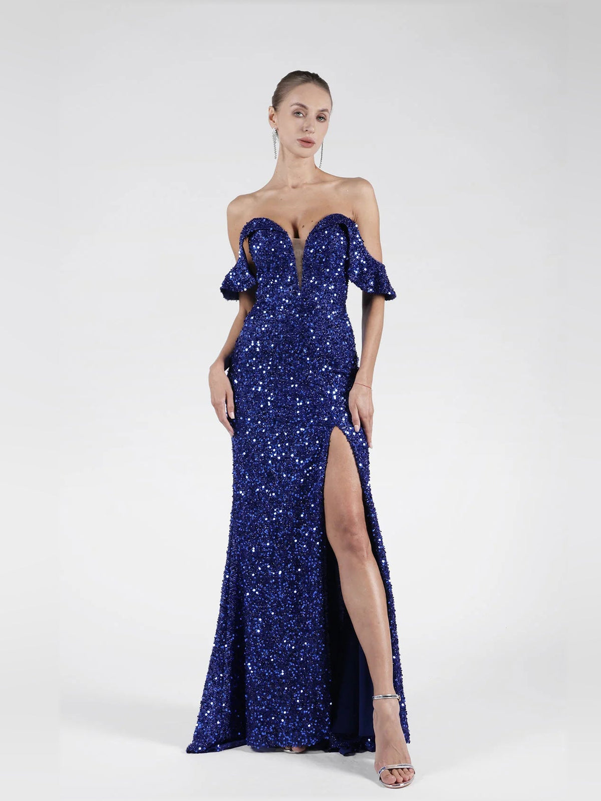 Dark blue sequin off-shoulder mermaid gown with high slit and off-shoulder neckline