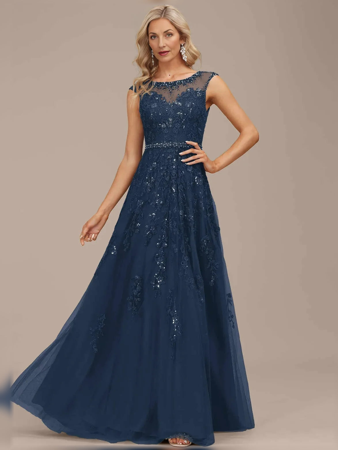 Dark blue sleeveless A-line maxi tulle dress with illusion neckline and floral beaded details